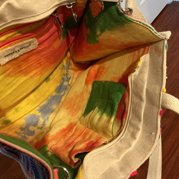 America & Beyond Chevron Boho Multicolor Pom-Pom Embroidered Crossbody Tote Bag - Picture 5 of 8